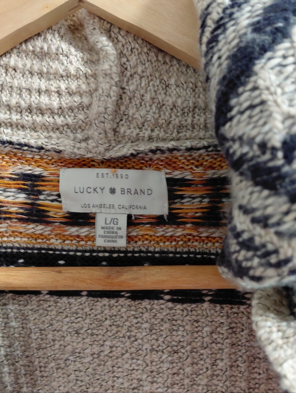 Lucky Brand Yellow Cream Knit Open Front Aztec-Pattern Cardigan Sweater W/Hood - Picture 3 of 11